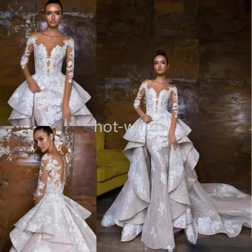 2022 Vestidos de novia de sirena de diseñador con tren desmontable Mangas largas Vestidos de novia con apliques de encaje Illusion Bodice Vestido de novia de campo EE