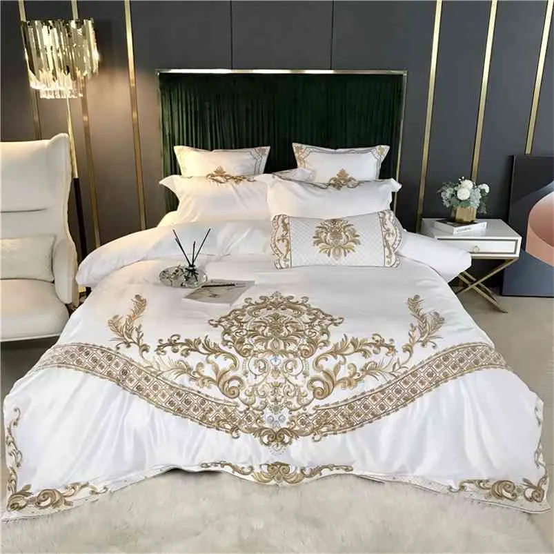 Branco luxo europeu real bordado de ouro 60s cetim seda de algodão conjunto de cama de edredão capa cama roupa equipada folha de linho 210721