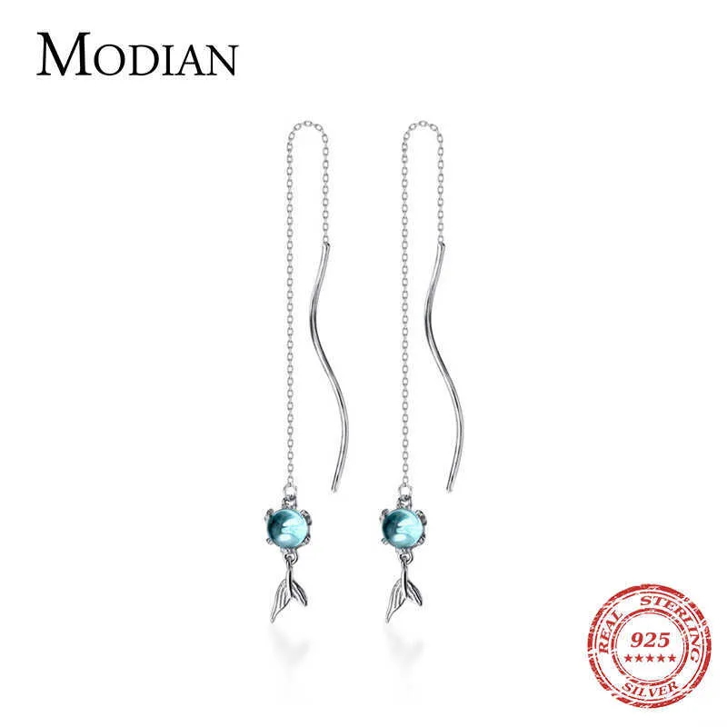 Boucle d'oreille en queue de poisson en cristal bleu pour femmes, ligne en argent sterling 925, longue chaîne, bijoux fins 210707