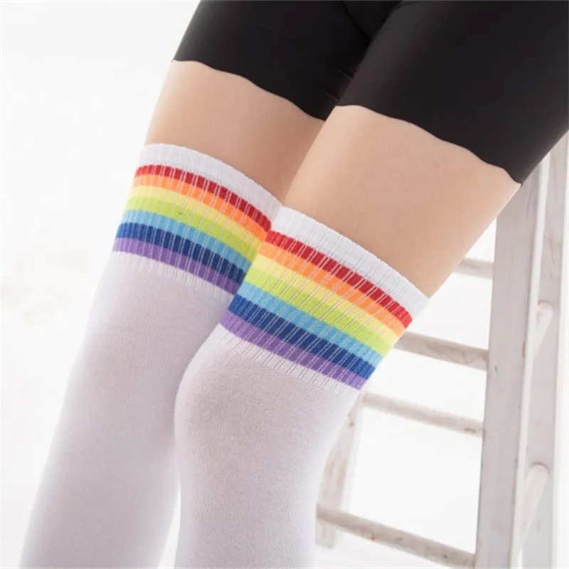 Rainbow Stripe Thigh High Stockings Over The Knee Socks for Ladies Warm Winter Stockings Female Long Knit Socks Women Plus Size 211201