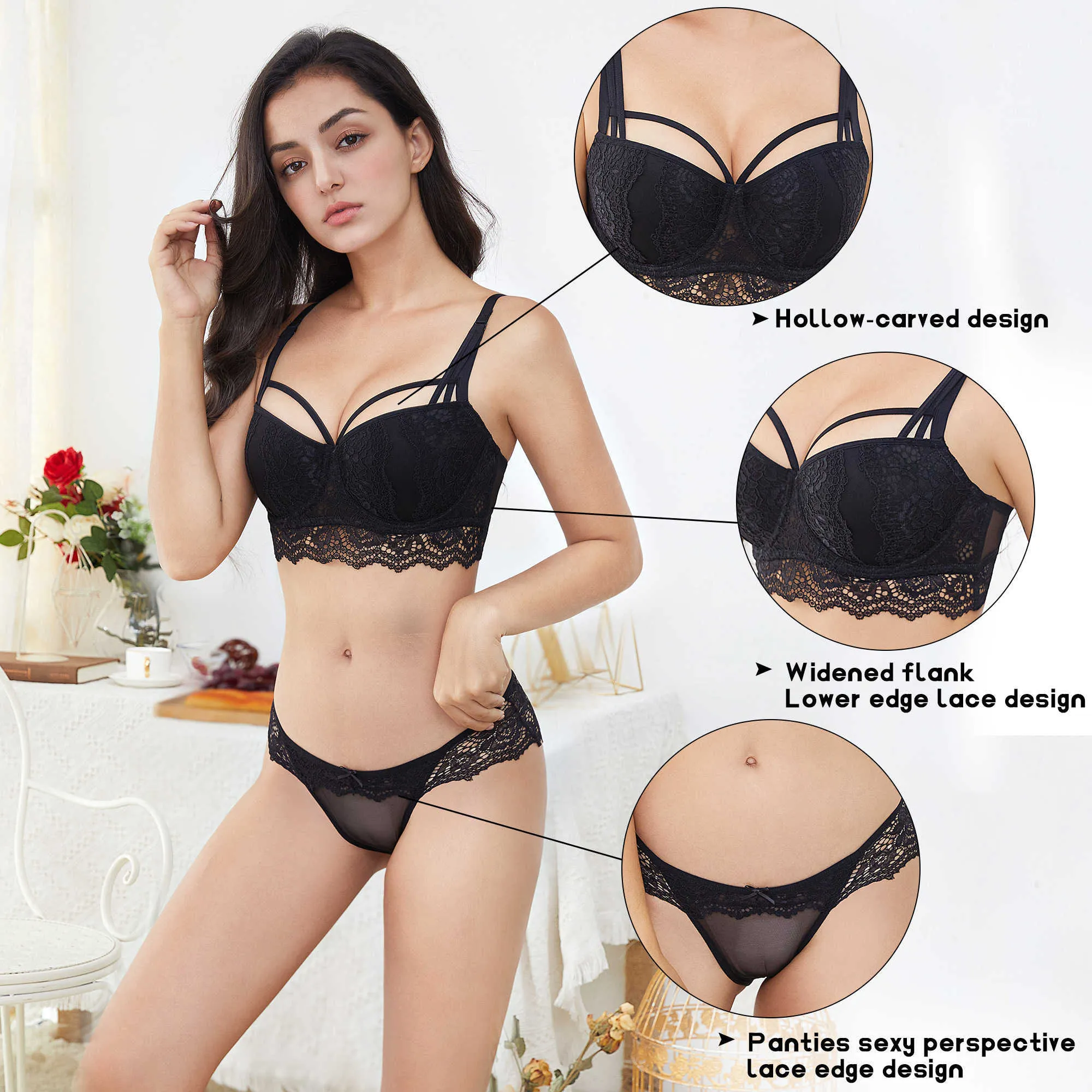 Women Push Up Bras Set Lace Lingerie Bra and Thong and Garter and Stocking  4pcs