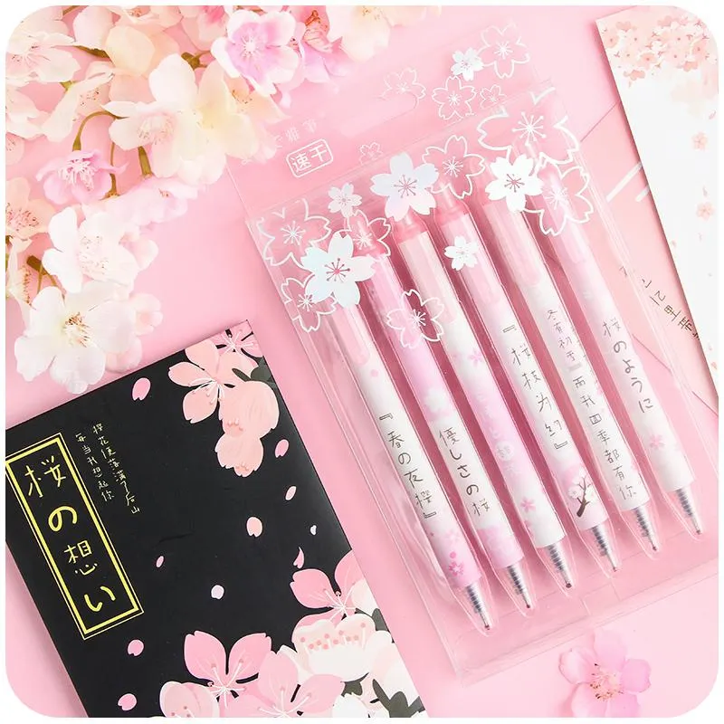 Canetas de gel 6pcs/pack 0,5 mm Kawaii cerejeira Blossoms Star Black Ink caneta Ballpo