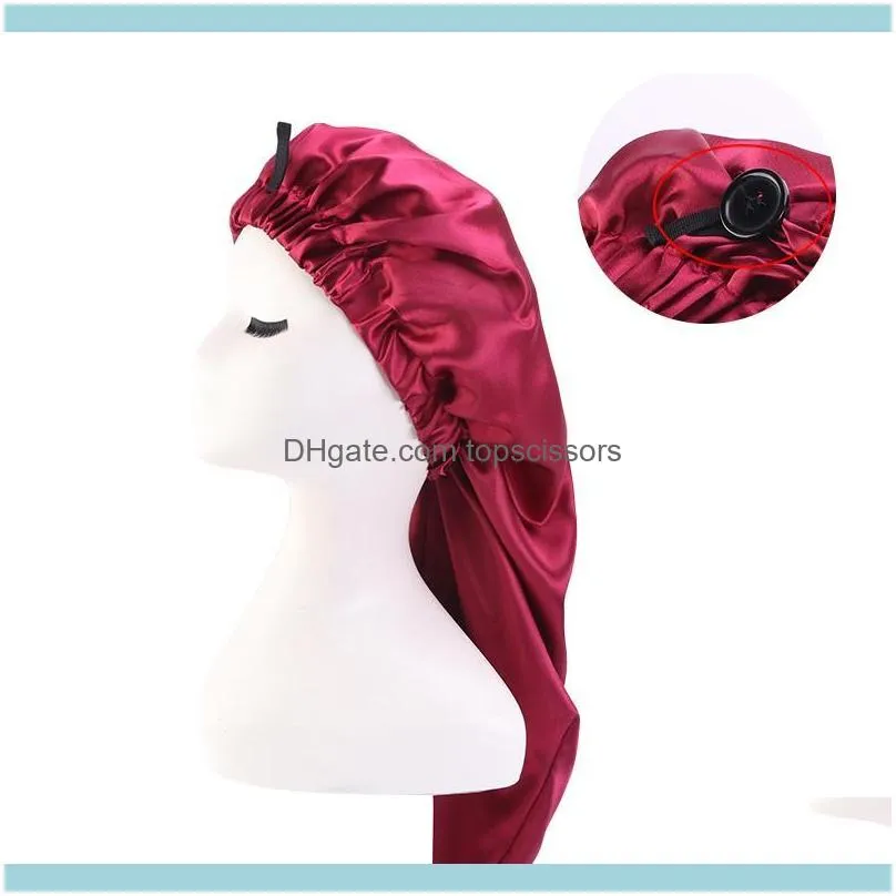 Long Satin Bonnet Sleep Cap With Button High Elastic Hair Band Night Care Nightcap For Women Men Chemo1