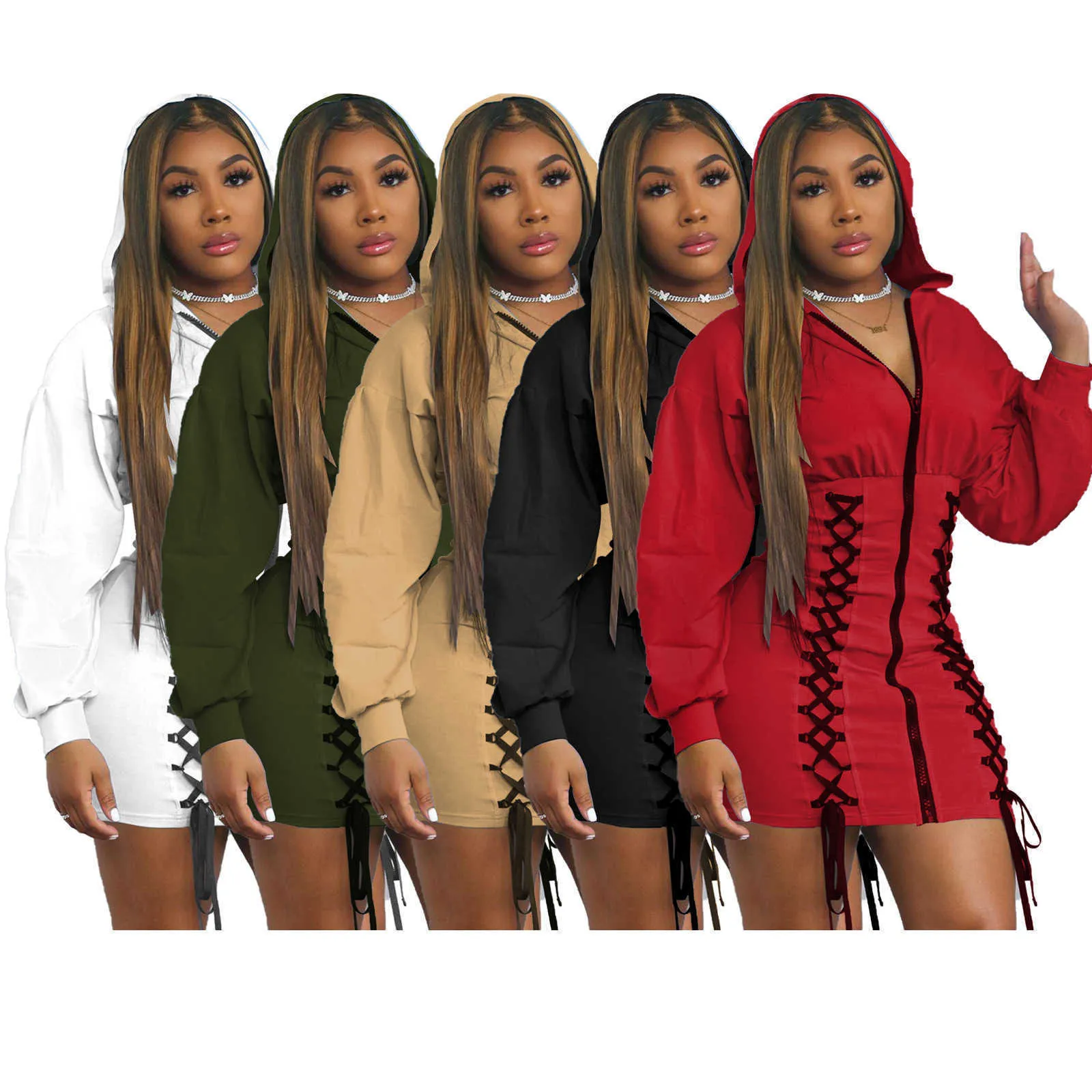 Mulheres Hoodies Vestidos Sólidos Cor Sweater Moda Casual Bandagem Grande Decorativo Manga Longa Zíper Bodycon Dress Clubwear S-XXL