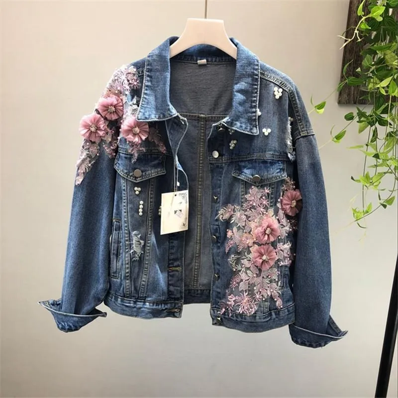 Women's Jackets 2022 Spring Autumn Jeans Jacket Coat Woman Heavy Stereo Pink Flower Embroidered Hole Denim Women Basic Coats R700