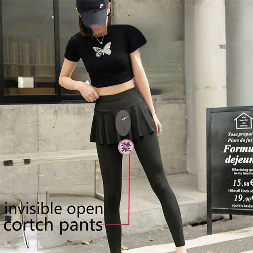 Pure Cotton Pleated Skirt Fake Two-piece Leggings Invisible Zipper Open Pants Female Outdoor Sex Free Hit The Field Wear sexy 211215