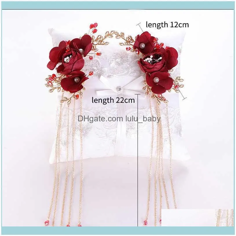 Chinese Classic Bride Wedding Jewelry Accessories Red Rose Flower Tassel Pins Crystal Bridal Hairpins Headpiece BH