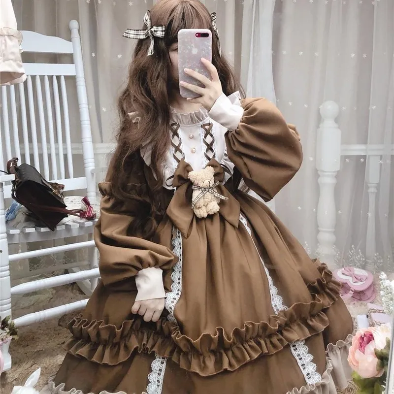 Kawaii Lolita Estilo Vestido Mulheres Lace Empregada Traje Vestido