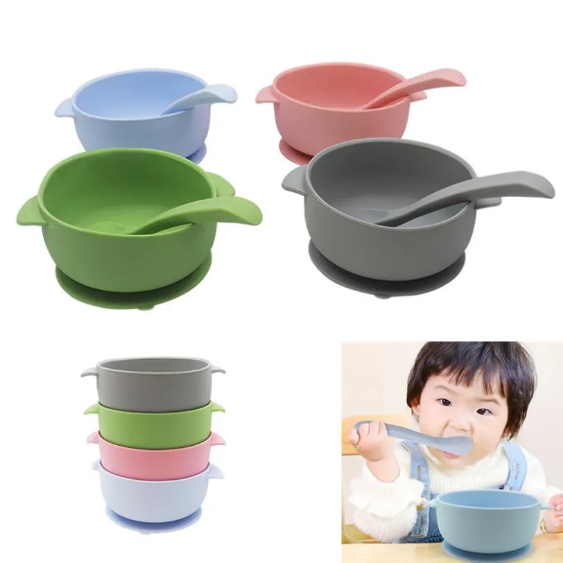 Infant Silicone Bowl Spoon Set Baby Feeding Solid Color Waterproof Children Silicone Cutlery Suction Cup Maternal Infant Products ZYY724