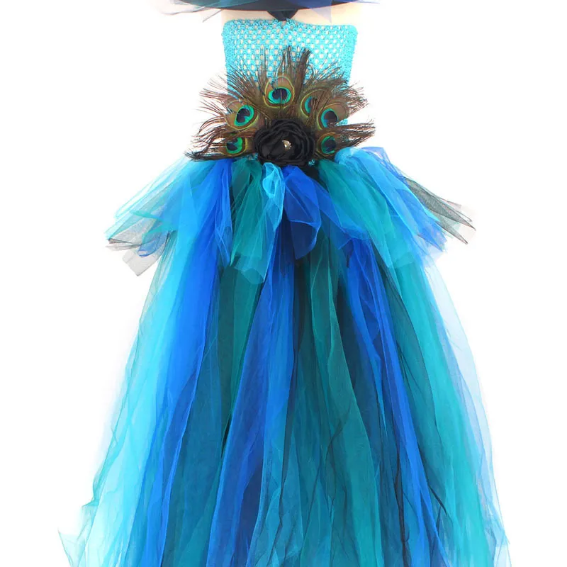 Elegant Peacock Feather Costume Girls Fluffy Layered Peacock Tutu Dress with Witch Hat Kids Pageant Party Ball Gowns Dresses (3)