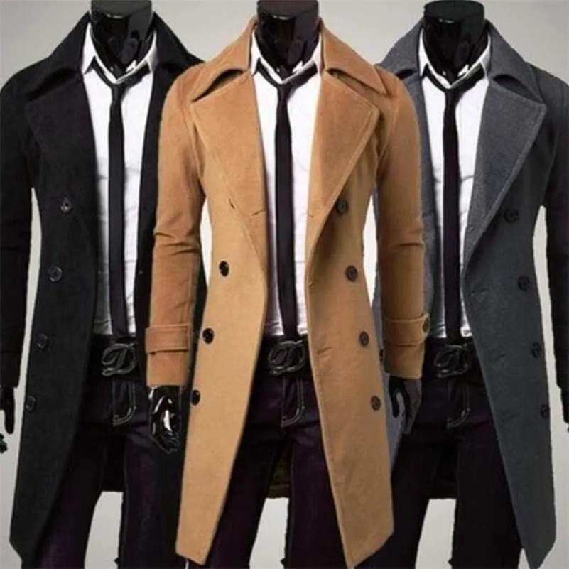 ZOGAA Mens płaszcz zima dorywczo długie okop płaszcze podwójne przyciski linii Prosta konstrukcja Mężczyzna wełniana płaszcz Slim Fit Coats Kurtka 211122