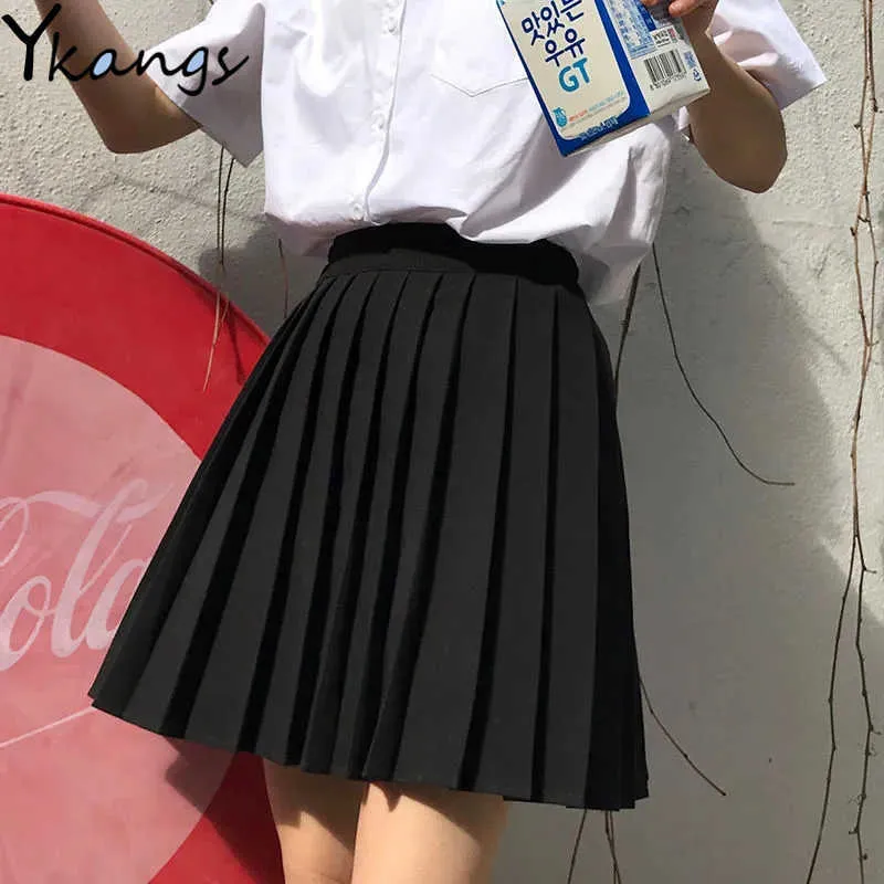 Summer minikjol Kvinnor med hög midja veckad kjol japansk stil vintage kort kjol för termens skol uniform plus storlek 210619