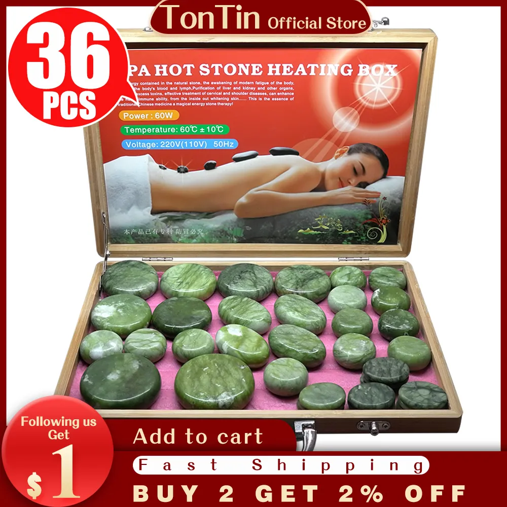 Tontin 36pcs / Set Jade Glaze Massage en pierre chaude Ensemble Basalt Lava Stone Massager Back MassageAdor Soins de santé Pierres pour la colonne vertébrale de massage