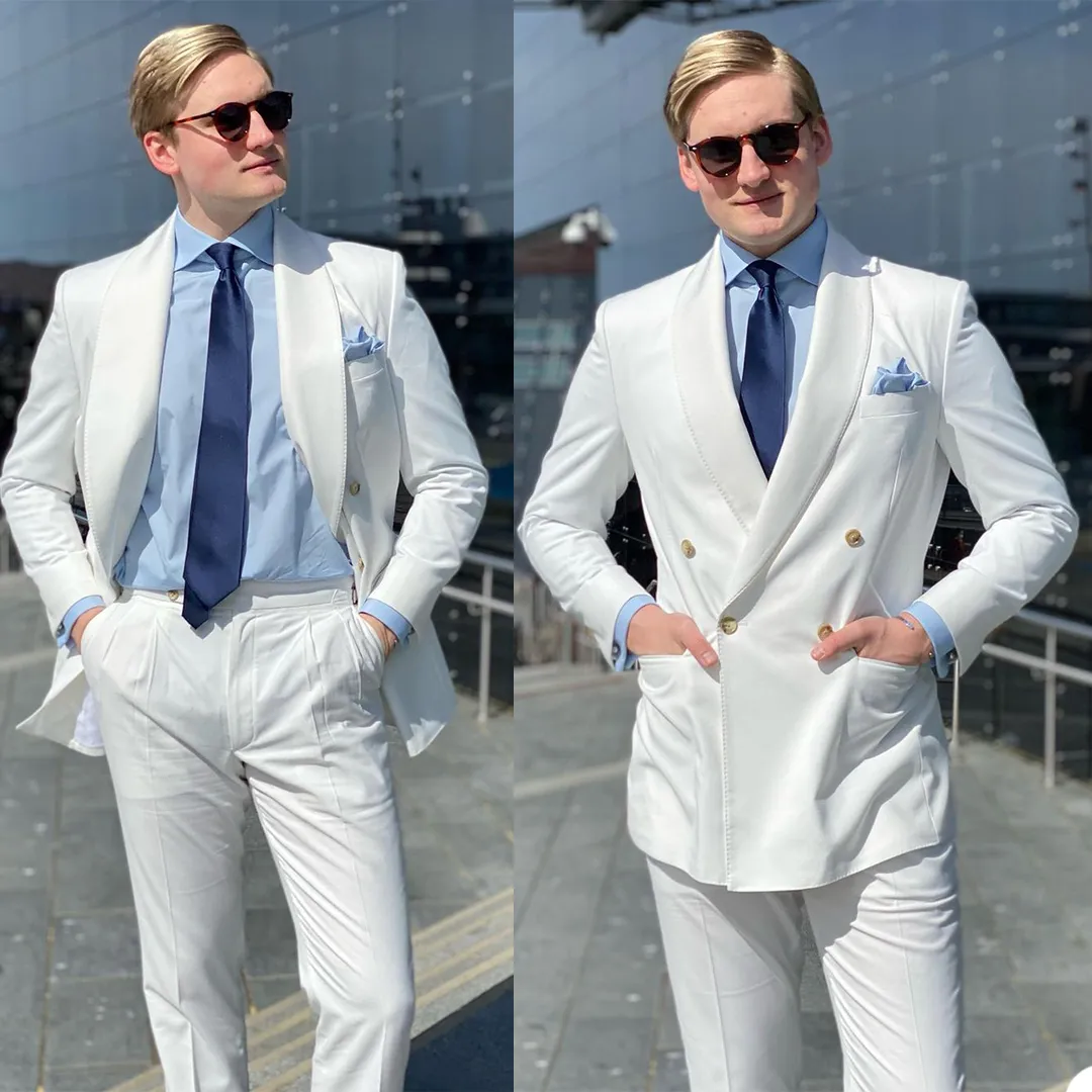 Gentleman White Business Tuxedos Double Breasted Groom Wedding Suits Formal Prom Party Outfit Two Pieces (Jacket+Pants)
