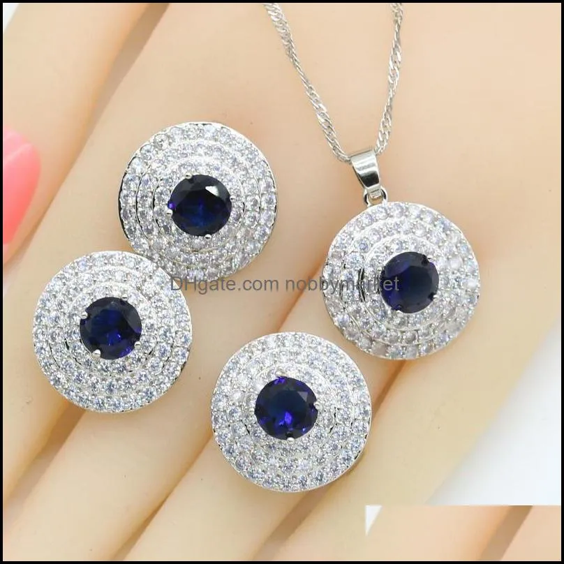 Earrings & Necklace Round Silver Color Bridal Jewelry Sets For Women Blue White Zircon Pendant Bracelets Rings Gift Box
