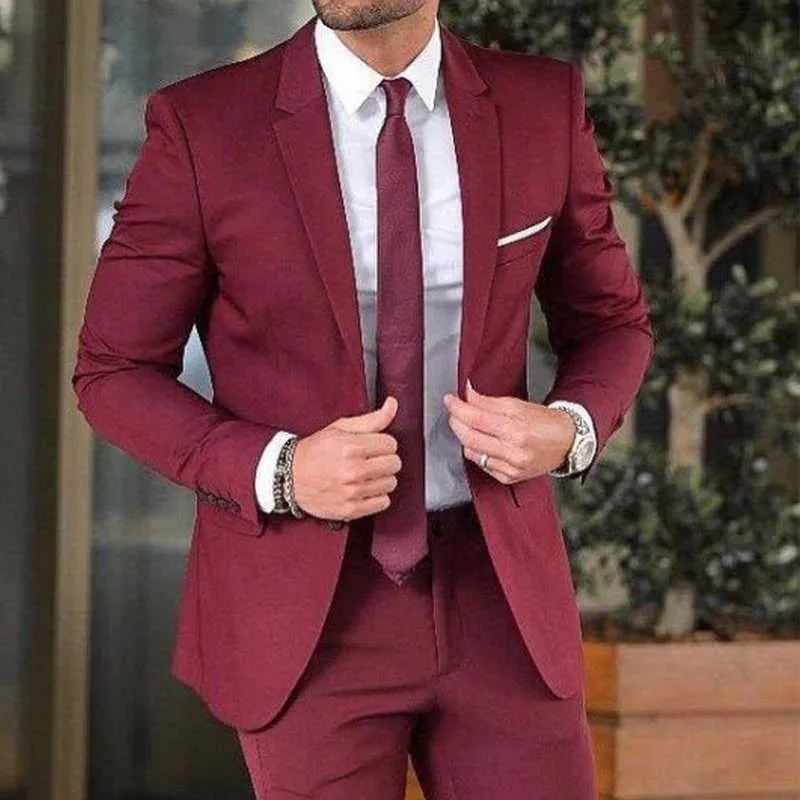 Slim Fit Casual Suits for Men 2 Piece Wedding Groomsmen Tuxedo New Male Fashion Clothes Burgundy Jacket with Pants 2021 X0909