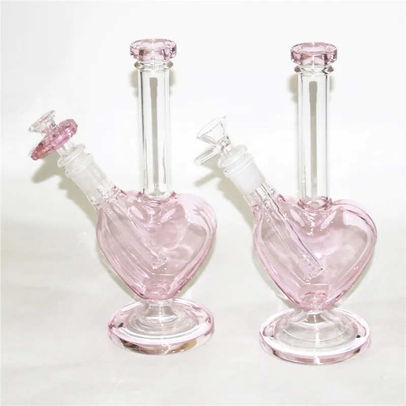 Herzförmige Wasserpfeifen, Glasbong, rosa Farbe, Dab-Ölplattformen, Bubbler-Glaswasserpfeifen mit 14-mm-Gleitschüsselstück, Quarz-Banger-Nägeln