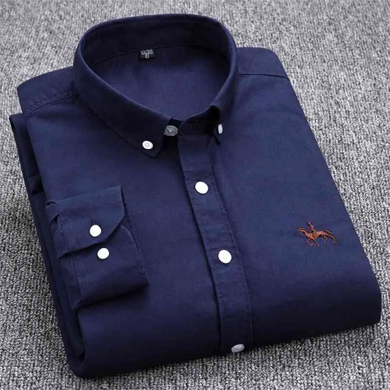 Oxford Fabric Shirts Men High Quality Long Sleeve Solid Smart Shirt Designer Regular Fit Brand Navy Korean Mens Clothing 210721