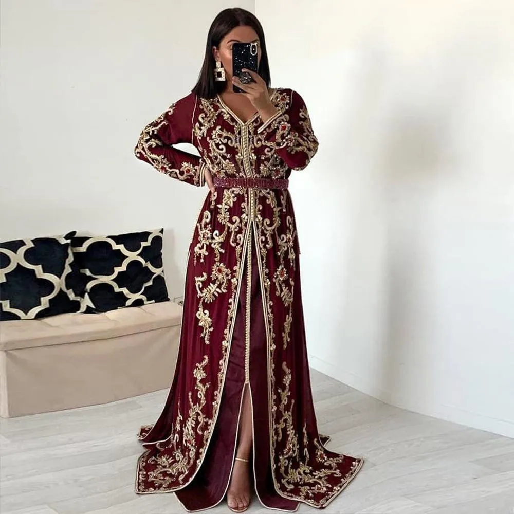 Marockanska kaftan aftonklänningar pärlor handarbete muslimska prom klänningar arabiska abaya formell klänning mantel de soiree