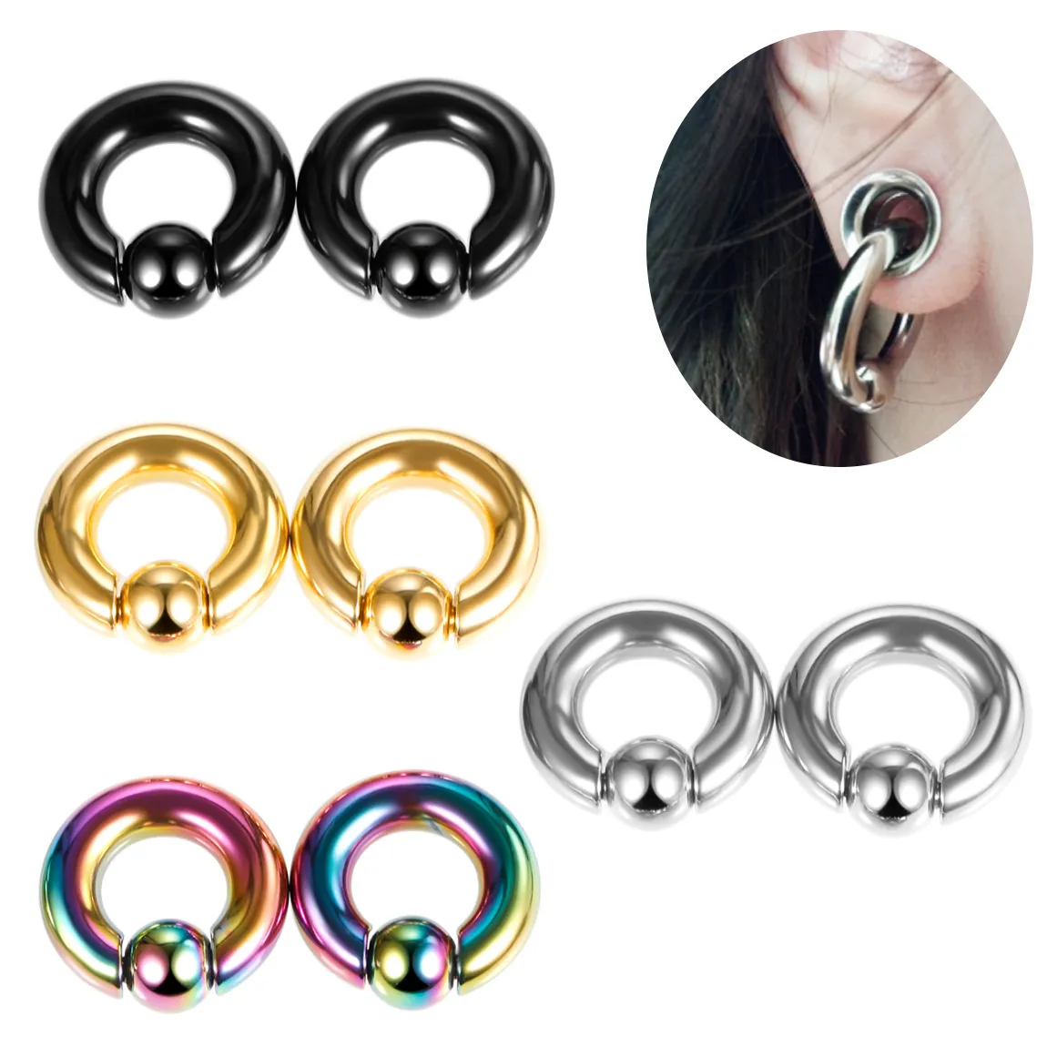 1 paar roestvrij staal gevangen bead ring oor tunnel plug oor gauge expander piercing lichaam sieraden oorbel