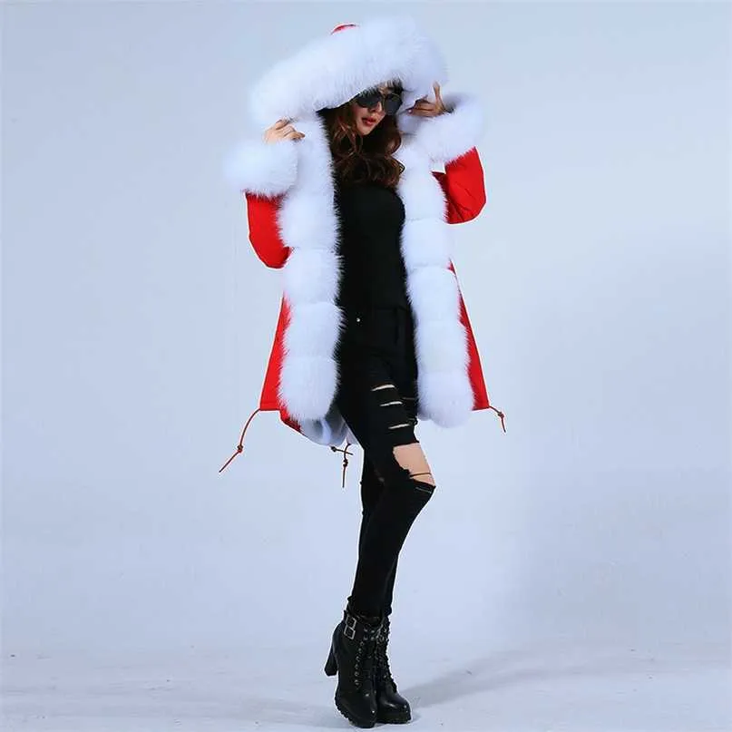 Vinter Parka Real Fur Collar Hooded Tjock Varm Konstgjord Rex Kanin Fur Liner Mode Luxury Fur Coat Jacka 211018