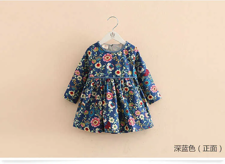  Autumn Spring 2-10 Years Sweet Cute Long Sleeve O-neck Full Flower Print Princess School Baby Kids Girl Dress With Tether (7)