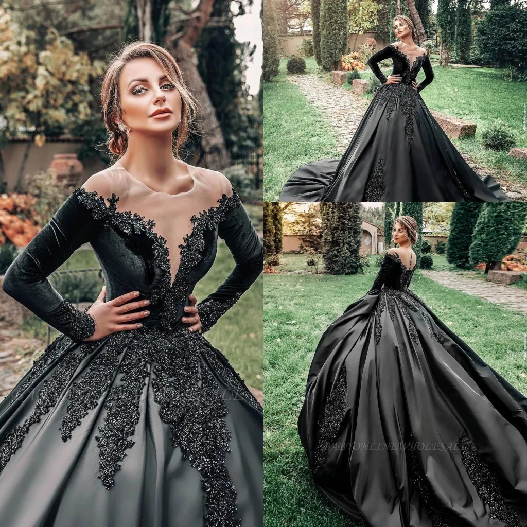 Vintage Black Gothic Forest Country Wedding Dress Ball Gown Sheer Neck Long  Sleeve Appliqued Sweep Train Bridal Gowns Plus Size Maternity Corset Back 