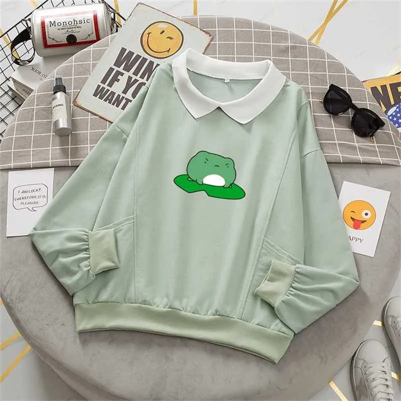 Kawaii Oversized Frog Green Hoodie Women With Pocket Harajuku