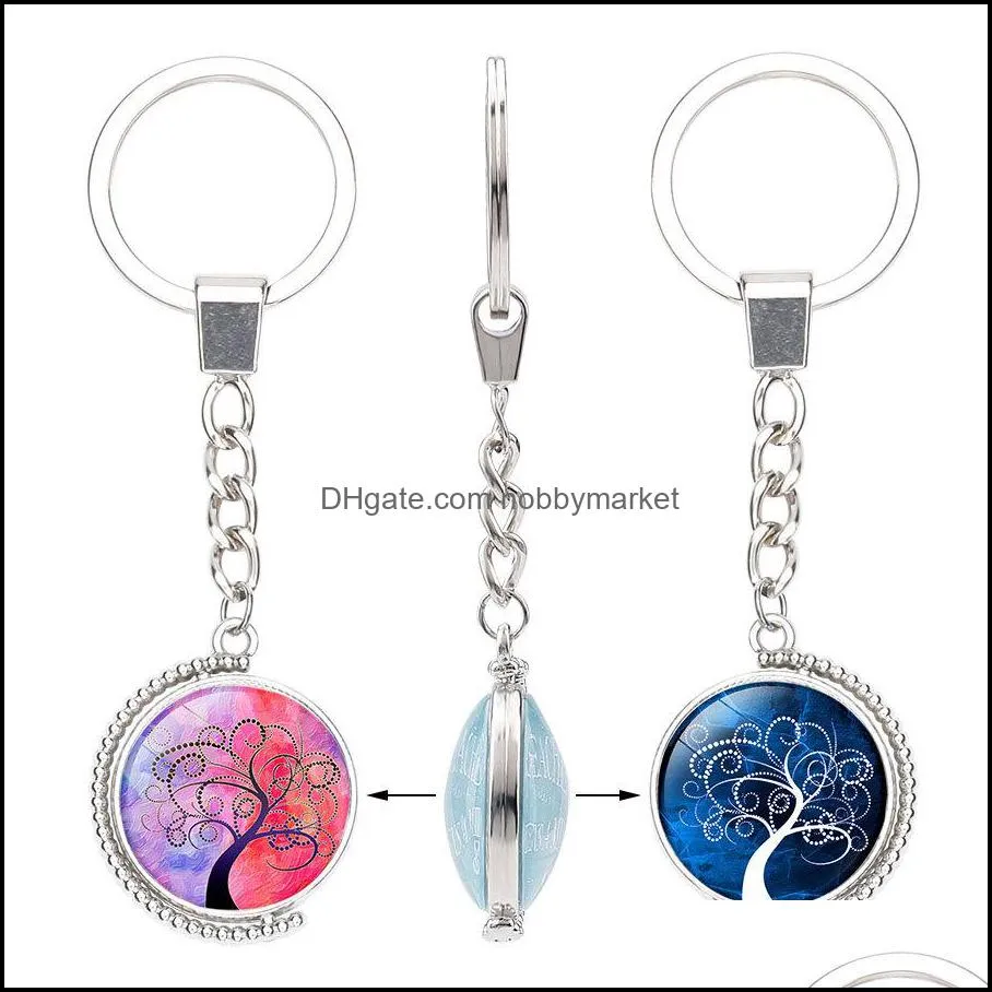 Tree of Life Double sided Keychains Rotable Glass Cabochon Time Gemstone Key chain Silver metal Key Rings Jewelry accessories in Bulk