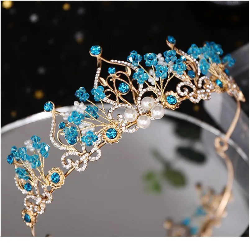 Accessori per capelli Principessa Corona Fiore Perla Blu Cristallo Nuziale Diadema Matrimonio Tiara Copricapo Gioielli per capelli qylWgP237b