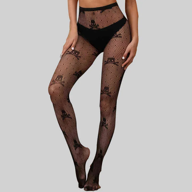 1 Pcs Sexy Stay Up Thigh High Tights Fishnet Mesh Pantyhose Transparent Stocking Black Long Over The Knee Socks Skull Print 2021 Y1119