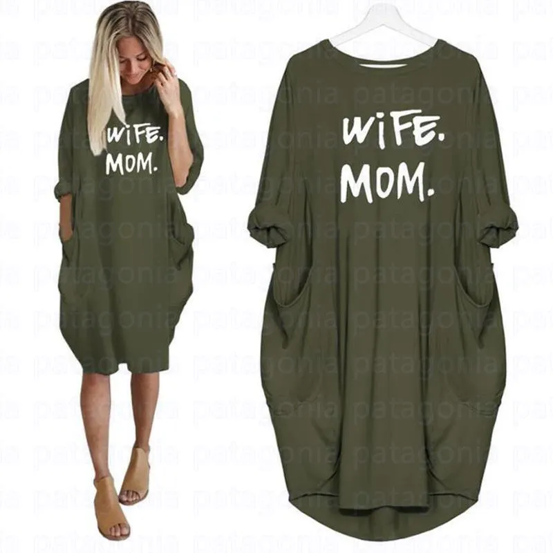 Fru mamma sommarklänningar avslappnad kvinnor mode rund hals t shirt lång ärm sundress smal sexig klänning plus storlek s-5xl