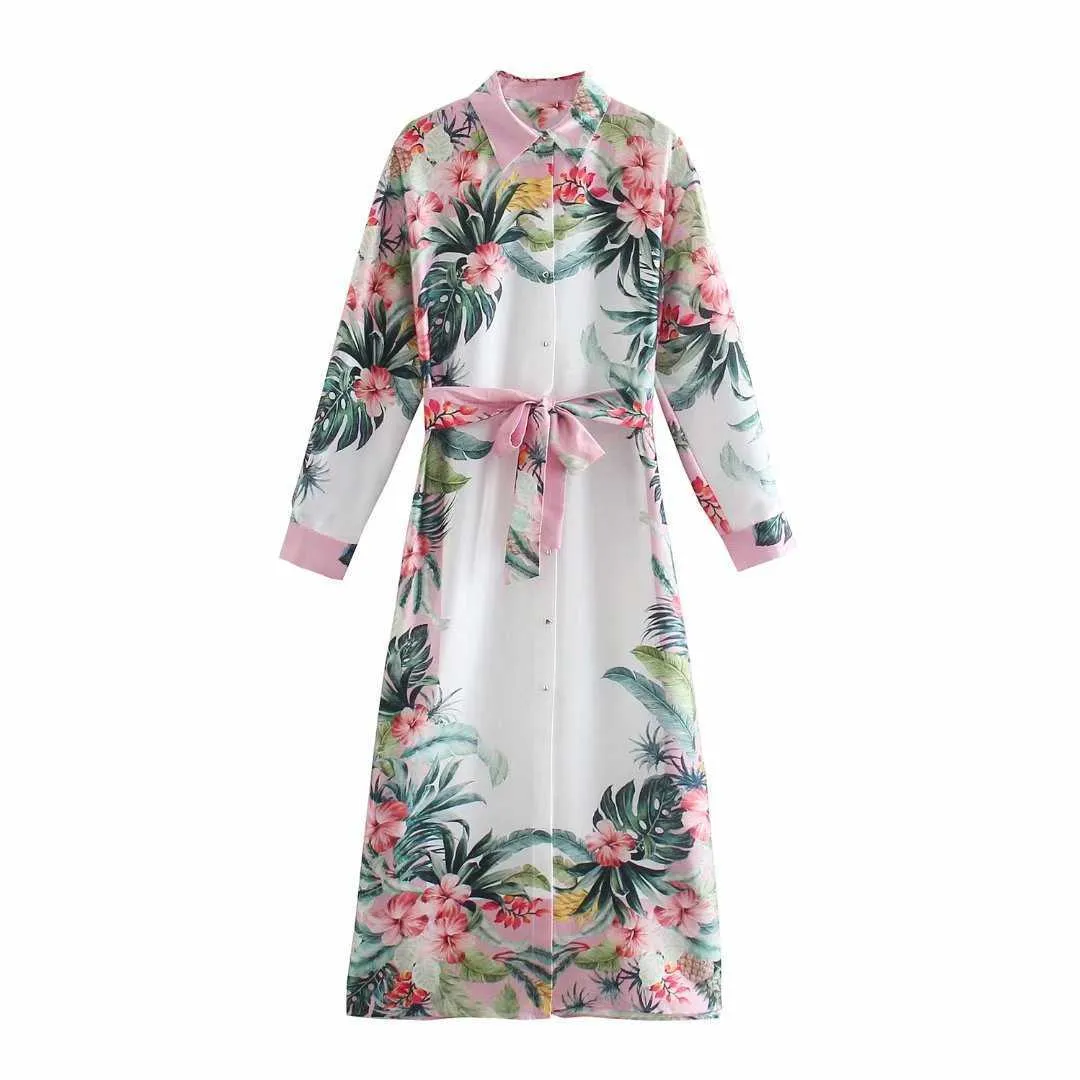 夏の女性花プリントドレスベルトの長袖ビンテージカジュアルファッションシックな女性女性Midi Shirt Dress 210709