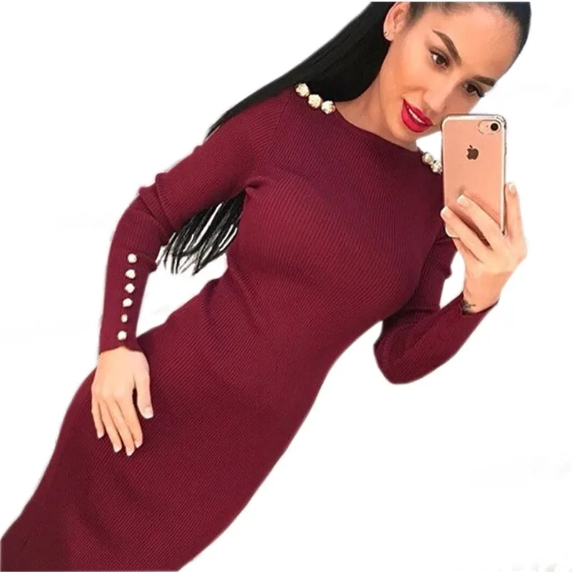 Moda donna sexy vestito aderente autunno inverno vestito longuette lavorato a maglia abito solido pacchetto anca manica lunga abiti a costine partito 210303