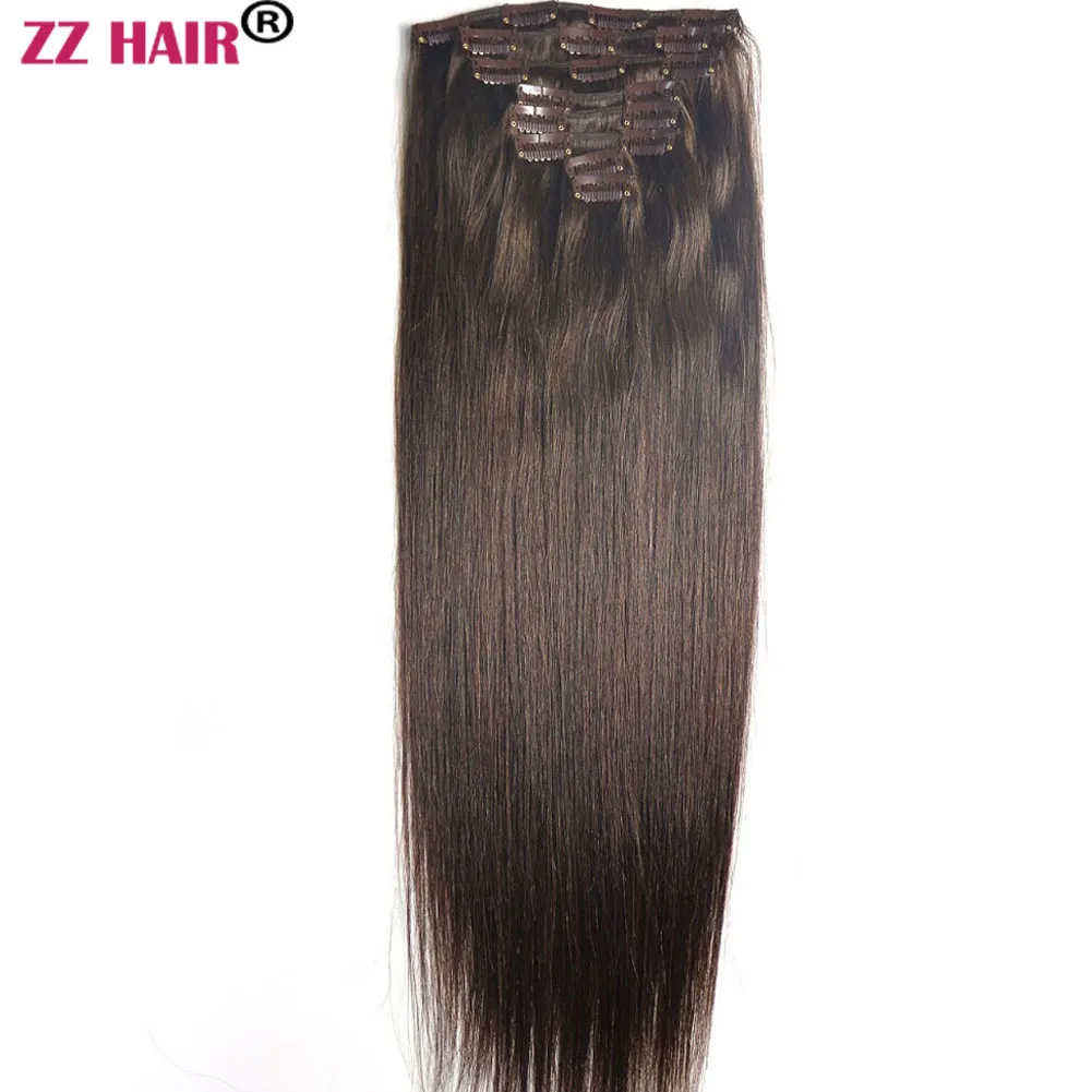 16-24 inches 8st set 100g clips i / på 100% brasiliansk remy mänsklig hårförlängning fullt huvud naturligt rakt