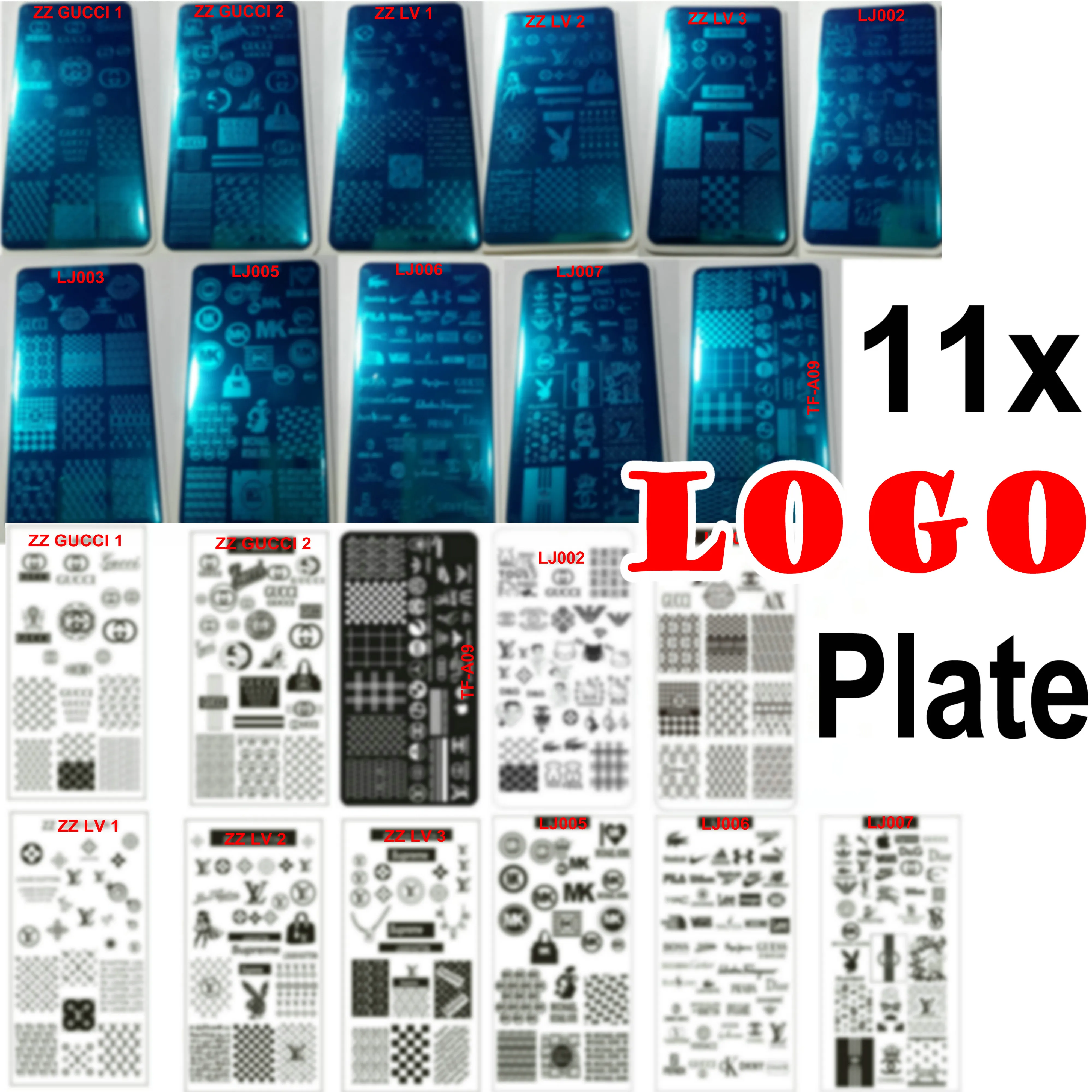 11pcs Big LO Go Brand Design Nail Art Stamping Plam Stamp Timbro Full Francese Image Metal Stencil Transfer Polacco Stampa Modello di stampa con foglio di plastica