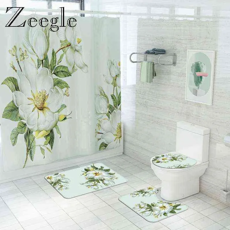 Floral Bathroom Carpet Shower Room Toilet Floor Mat Toilet Seat Cover Mat Bathroom Non-Slip Carpet Mat Set with Shower Curtain