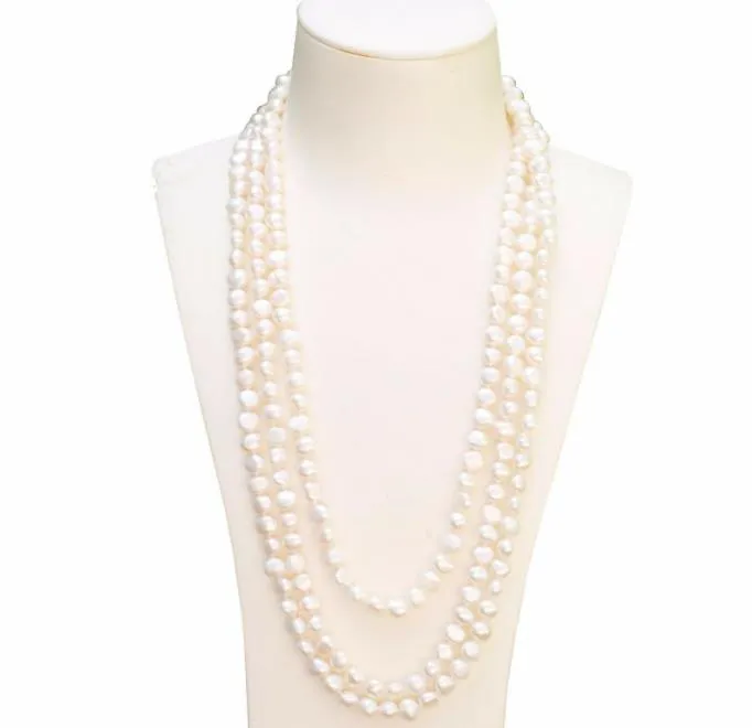 8-9mm Baroque White Natural Pearl Beaded Necklace 72 inch Bridal Jewelry Choker Gift