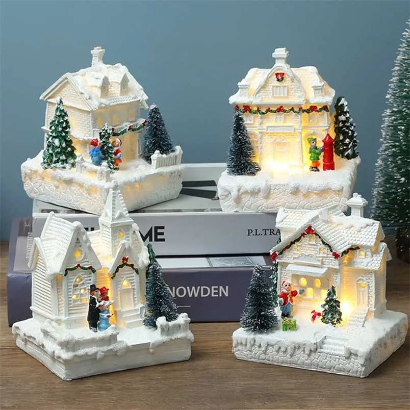 Uropean Christmas Village Vit Gorgeous House Byggnad Holiday Decorations Resin Xmas Tree Ornament Present År Dekor hantverk 211104