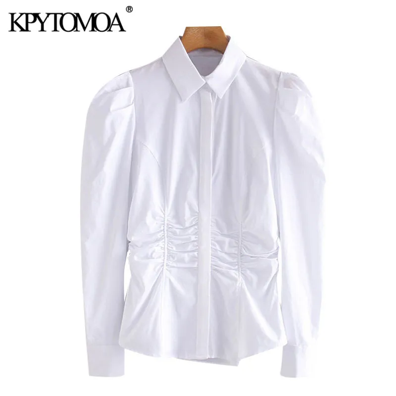 KPYTOMOA Kadınlar Moda Elastik Toplama ile Motorlu Bluzlar Vintage Puf Kol Düğme-Up Kadın Gömlek Blusas Chic Tops 210225