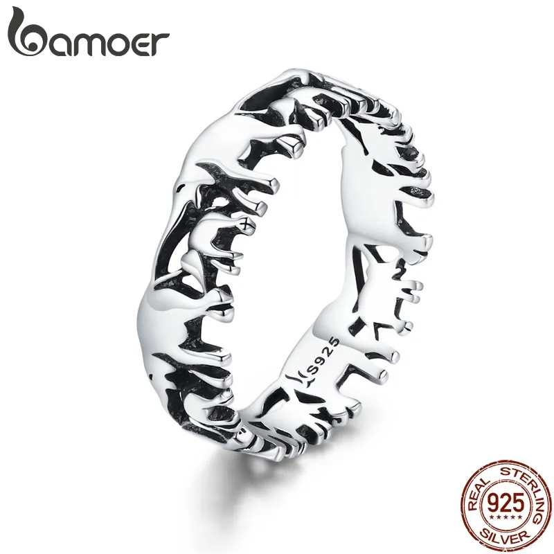 Bamoer na moda 100% 925 Esterlina Stackable Coleção Animal Elefante Anéis de Dedo da Família Para As Mulheres Prata Jóias SCR344