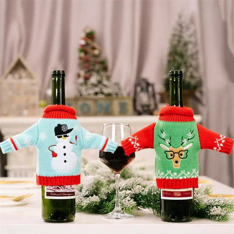 Christmas Wine Bottle Cover Knitted Clothes Snowman Bell Pattern Xmas Party Bottles Bag Kitchen Decorations