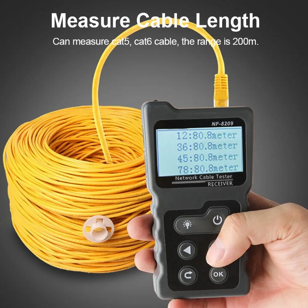 FreeShipping NF-8209 Display LCD Misura Lunghezza Cavo Lan POE Wire Checker Cat5 Cat6 Lan Test Network Tool Scan Cable Wiremap Tester