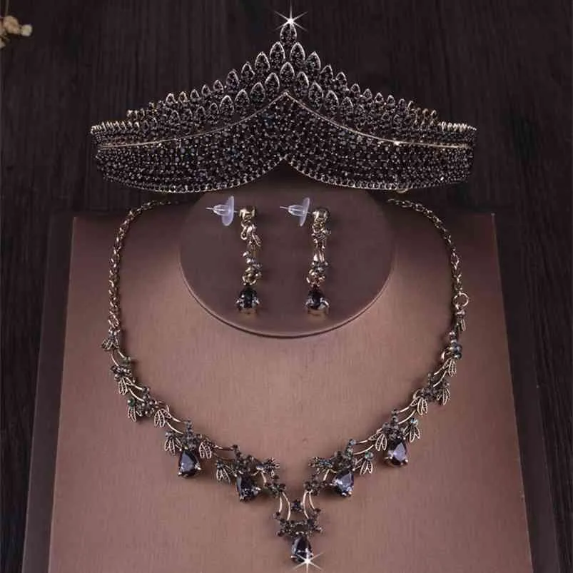Baroque Vintage Gold Black Crystal Crystal Bridal Ювелирные Изделия Корона Tiaras Ожерелье Серьги Свадебные Дубай набор 210701