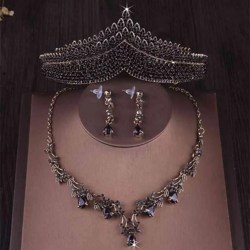 Baroque Vintage Or Noir Cristal Coeur Ensembles De Bijoux De Mariée Couronne Diadèmes Collier Boucles D'oreilles De Mariage Dubaï Ensemble 210701