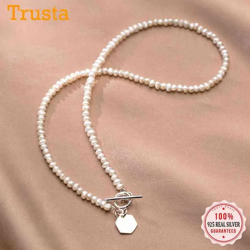 Trustdavis Luxury 925 Sterling Silver Fashion Freshwater Pearl Geometric Hexagon Necklace for Women Mother's Day Jewelry DB343