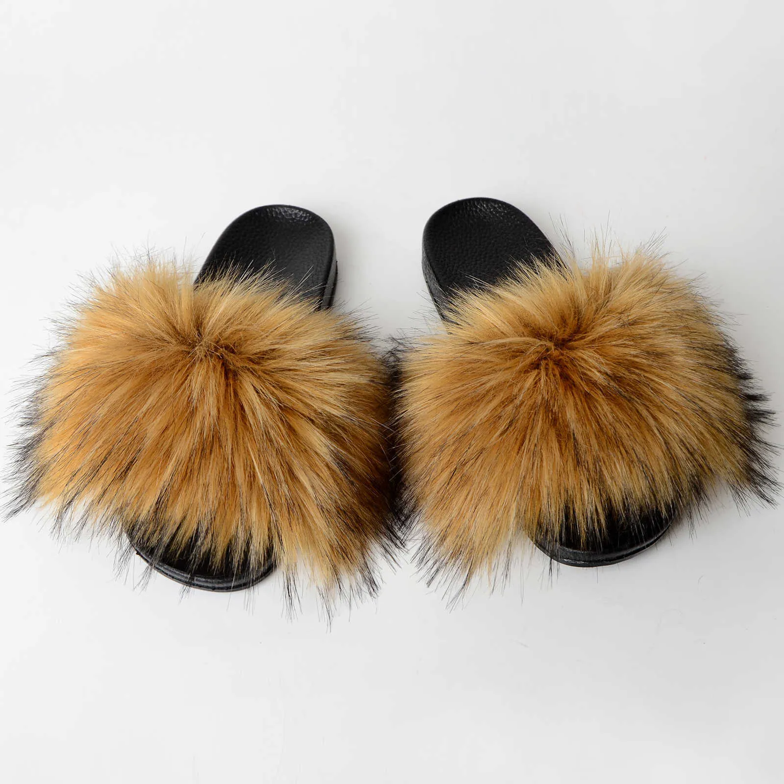 Popchrio Summer Faux Fur Slides Indoor Furry Slippers for Women Best Plush Fluffy Slippers Flat Sandals Outdoor Raccoon Q0508