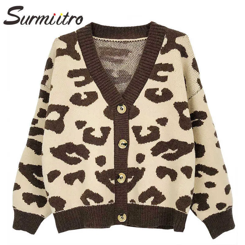 Surmiitro Oversize Cardigan Kvinnor Höst Vinter Koreansk Leopard Långärmad Sweater Kvinnlig Strikkad Jacka Coat Knitwear 210712