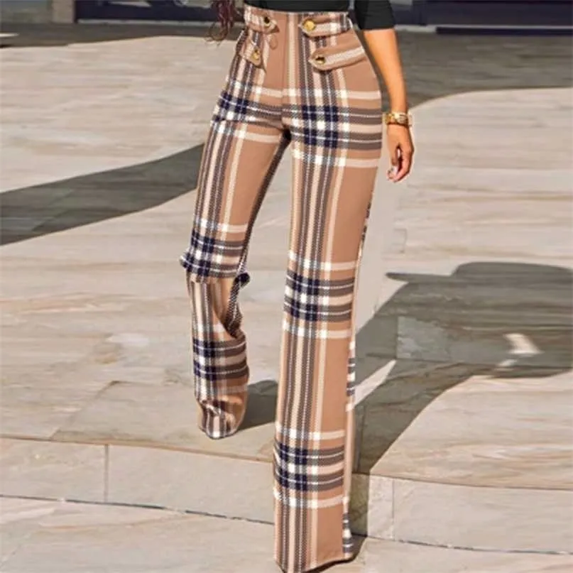 Mulheres elegante skinny straight calças de primavera houndstooth xadrez print cintura todos combinam de cintura alta escritório terno slim 211115
