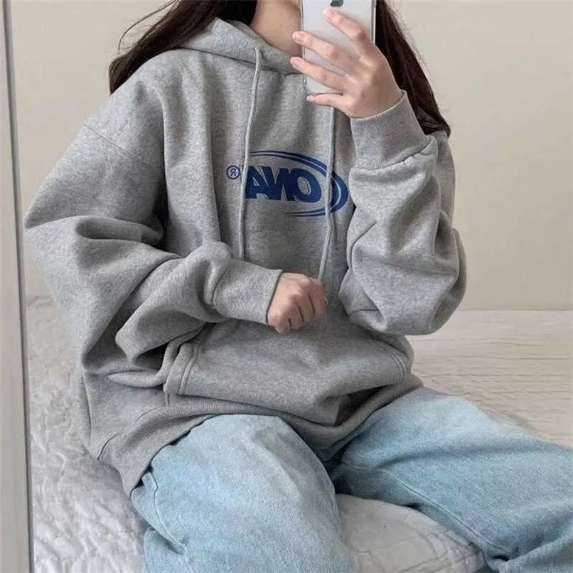 Hoodie Plus Velvet Ciepły zima i wiosna Soft Harajuku Chic List Pary Kapturem Z Kapelusz Podstawowy Styl Damska Bluza 211013